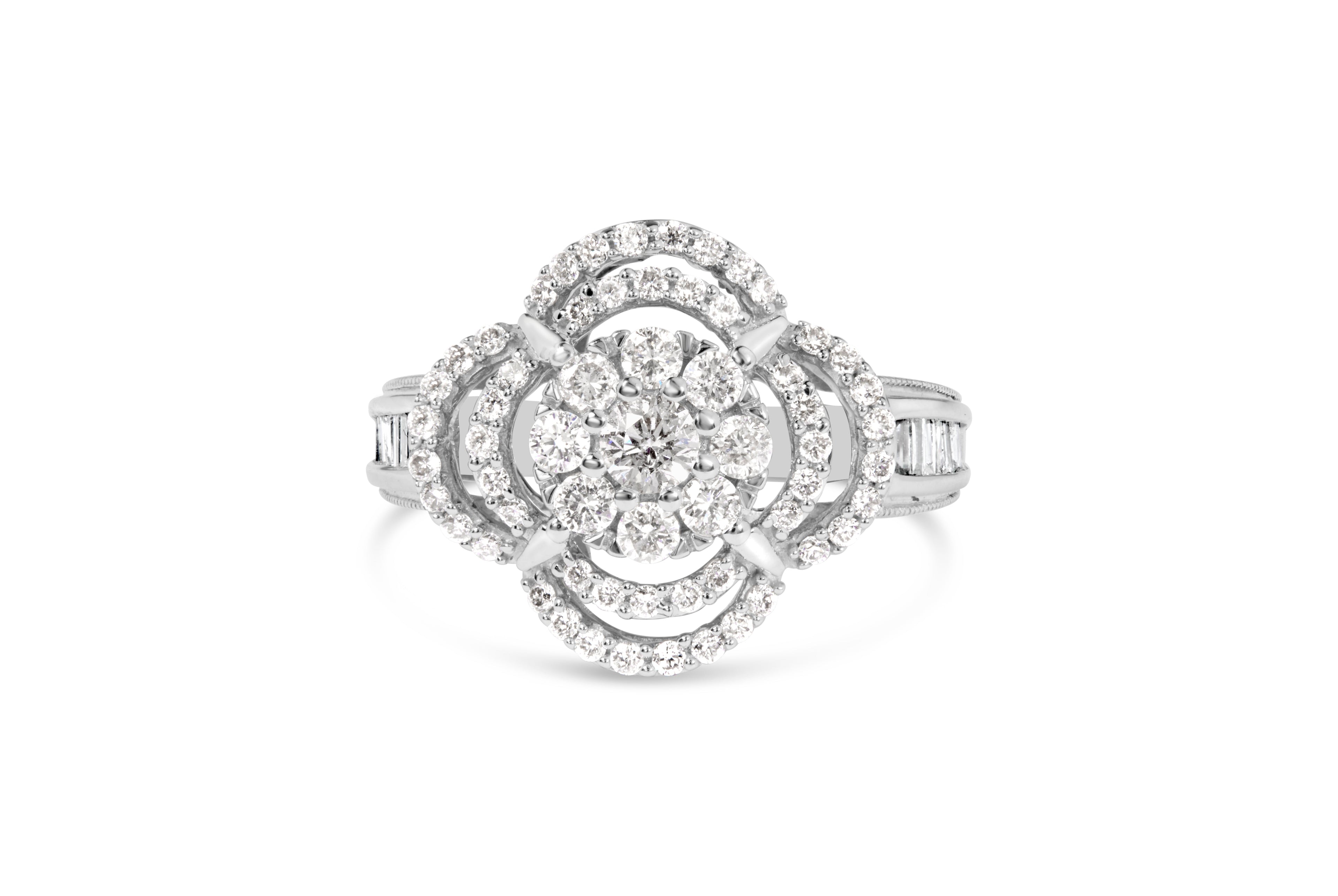 14K White Gold 1.0 Cttw Round &amp; Baguette Cut Diamond Floral Cluster Quatrefoil Channel Set Band Cocktail Statement Ring (H-I Color, SI2-I1 Clarity) - Size 6-3/4 