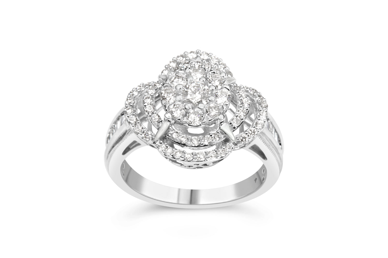 14K White Gold 1.0 Cttw Round &amp; Baguette Cut Diamond Floral Cluster Quatrefoil Channel Set Band Cocktail Statement Ring (H-I Color, SI2-I1 Clarity) - Size 6-3/4 