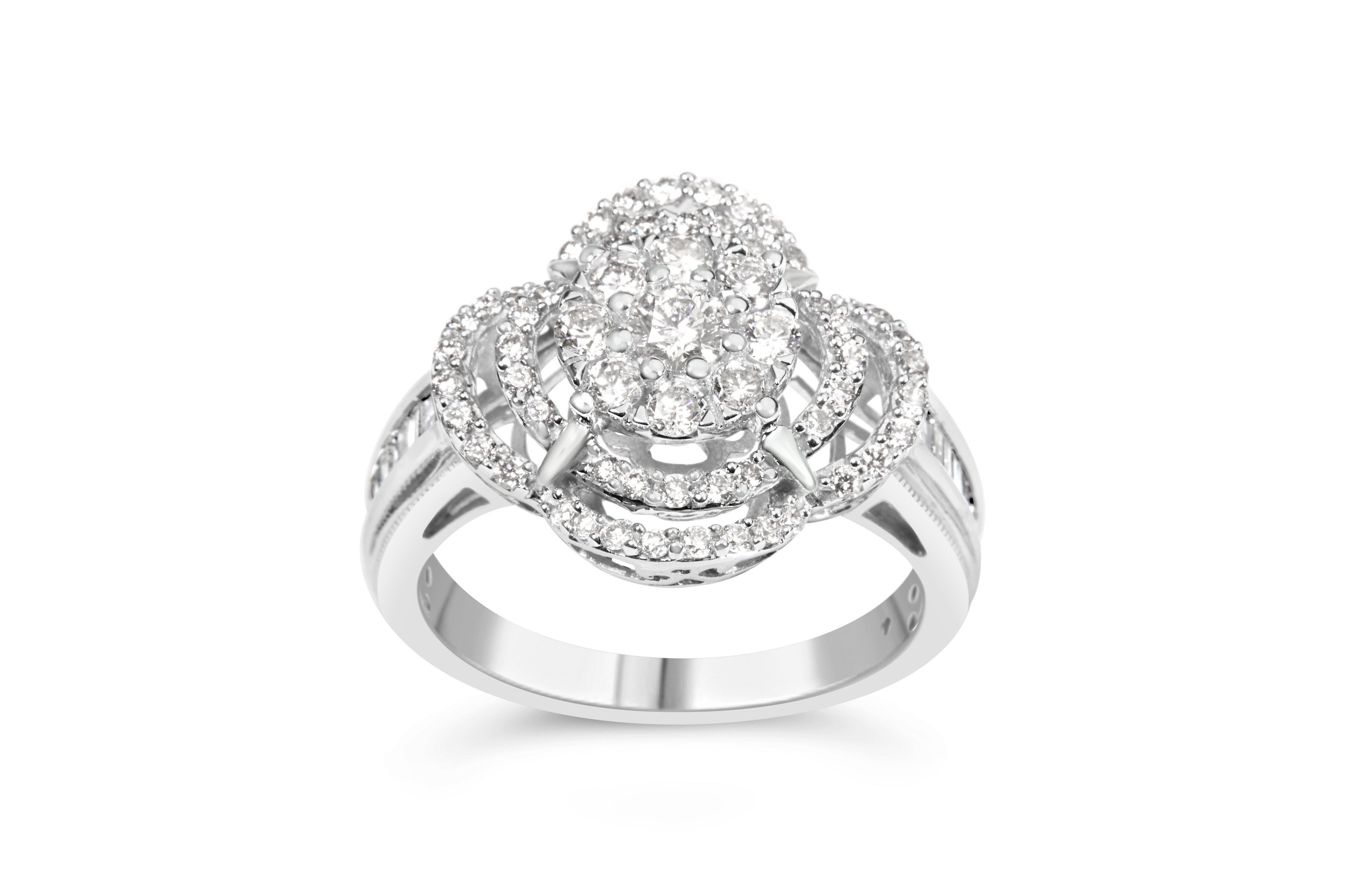 14K White Gold 1.0 Cttw Round &amp; Baguette Cut Diamond Floral Cluster Quatrefoil Channel Set Band Cocktail Statement Ring (H-I Color, SI2-I1 Clarity) - Size 6-3/4 