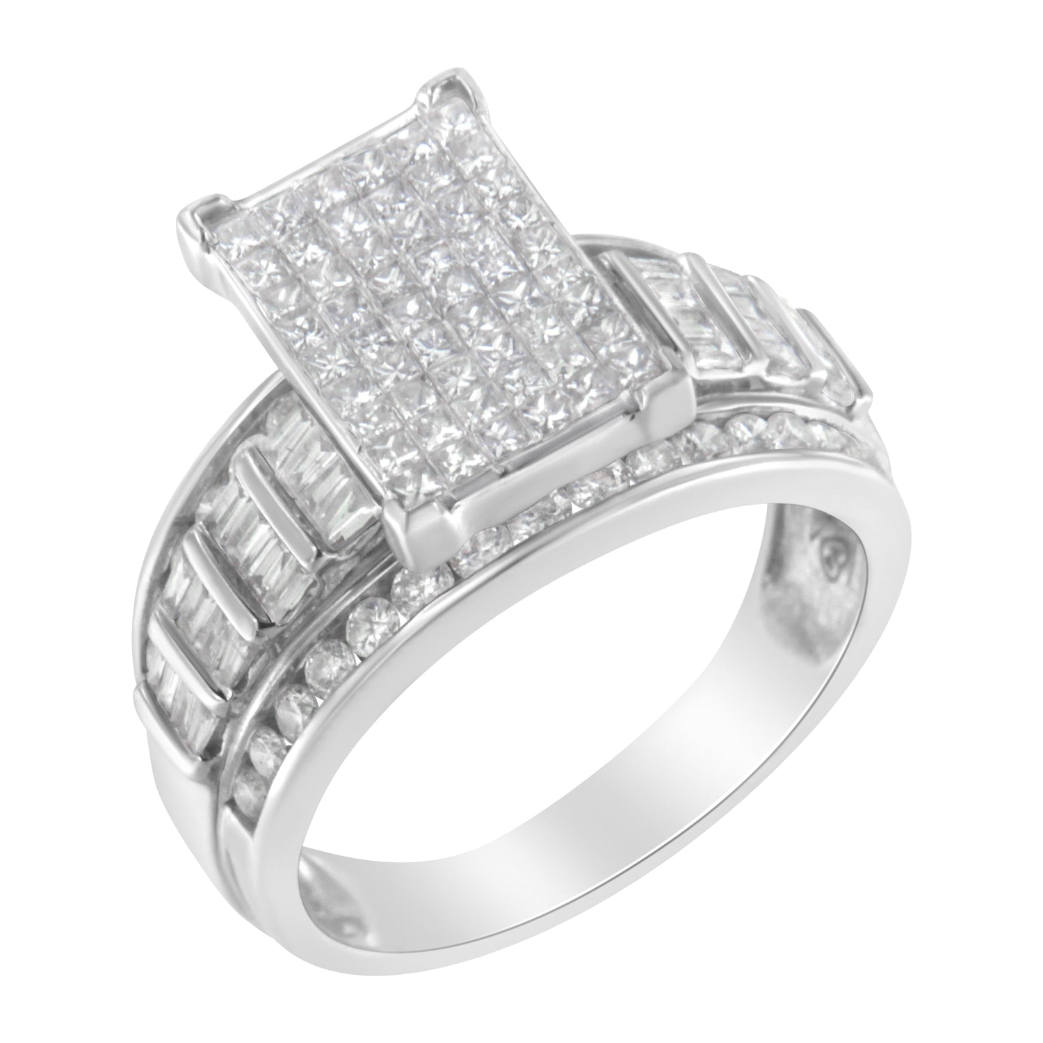 14K White Gold 2.0 Cttw Mixed-Cut Diamond Rectangle Invisible-Set Composite Cluster Ring with Bar- and Channel-Set Band (H-I Color, SI2-I1 Clarity) - Size 5 by Bids.com