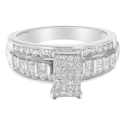 14K White Gold 1.0 Cttw Mixed-Cut Diamond Rectangle Invisible-Set Composite Cluster Ring with Bar- and Channel-Set Band (H-I Color, SI2-I1 Clarity) - Size 7 by Bids.com