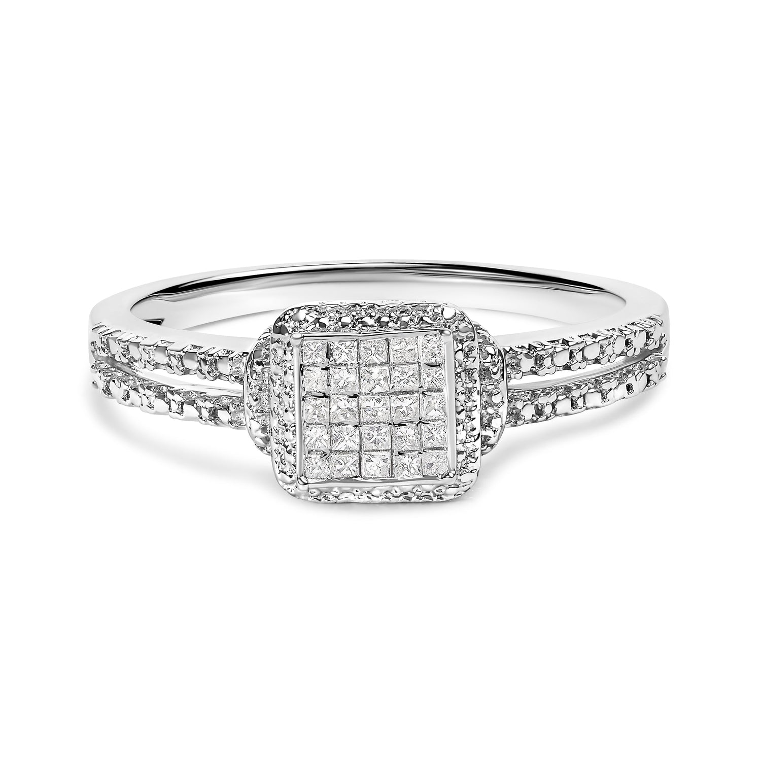 .925 Sterling Silver 1/4 Cttw Princess-cut Diamond Composite Ring with Beaded Halo (H-I Color, SI1-SI2 Clarity) - Size 7 by Bids.com