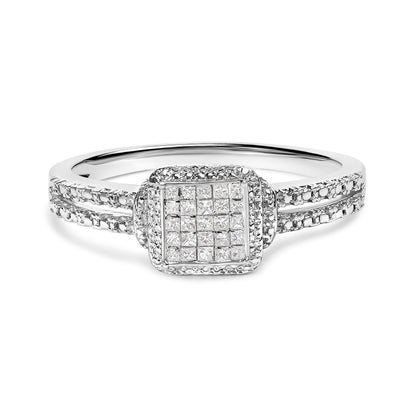 .925 Sterling Silver 1/4 Cttw Princess-cut Diamond Composite Ring with Beaded Halo (H-I Color, SI1-SI2 Clarity) - Size 7 by Bids.com