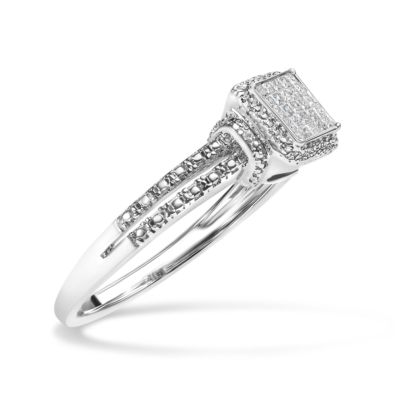 .925 Sterling Silver 1/4 Cttw Princess-cut Diamond Composite Ring with Beaded Halo (H-I Color, SI1-SI2 Clarity) - Size 7 by Bids.com