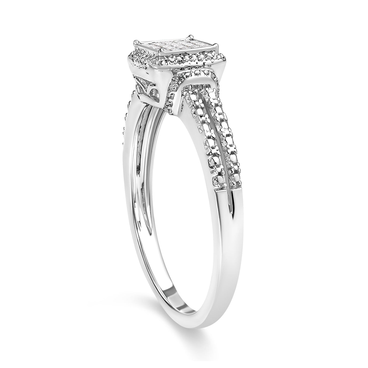.925 Sterling Silver 1/4 Cttw Princess-cut Diamond Composite Ring with Beaded Halo (H-I Color, SI1-SI2 Clarity) - Size 7 by Bids.com