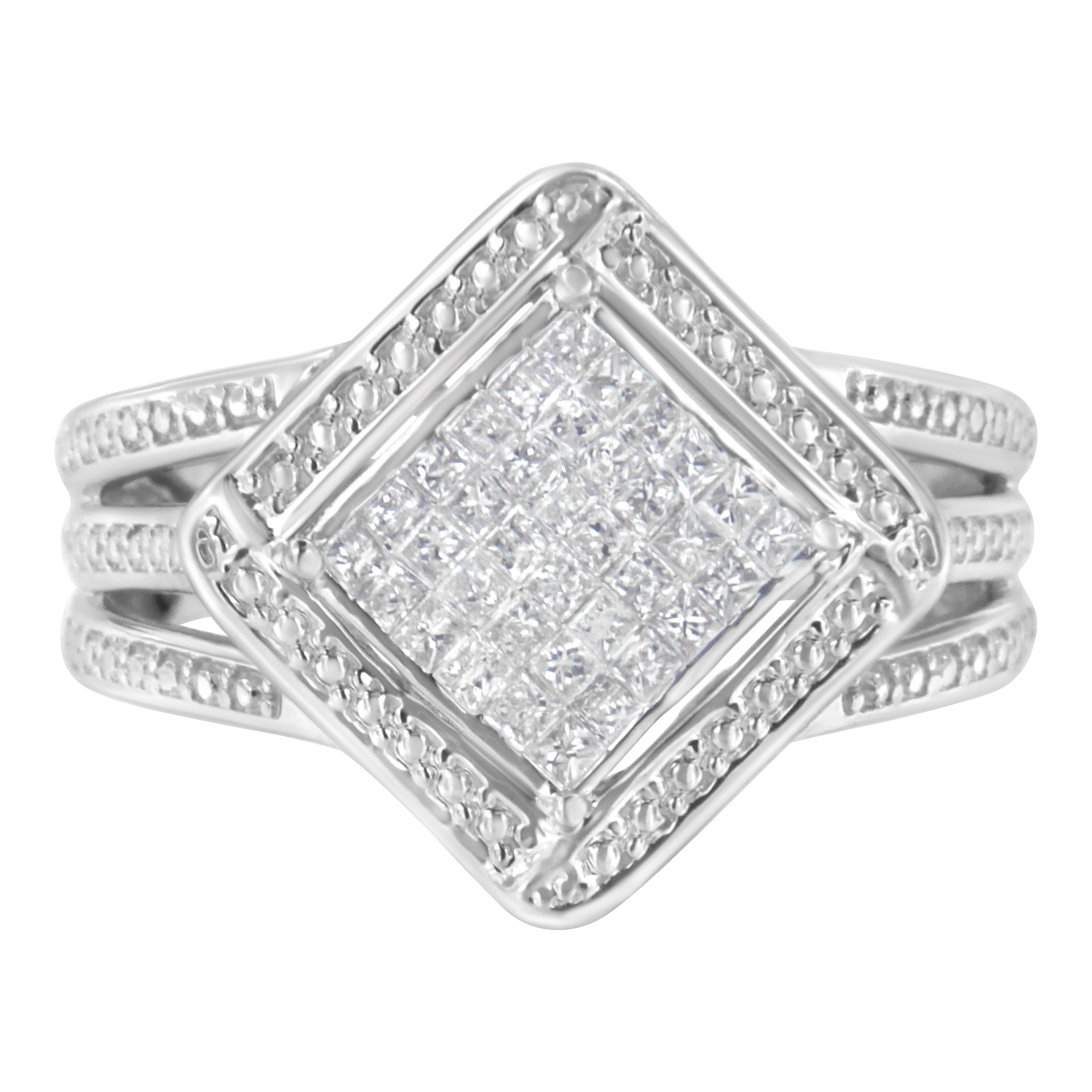 .925 Sterling Silver 2/5 Cttw Princess Cut Diamond Square On Point Cluster Composite Cocktail Ring (H-I Color, SI1-SI2 Clarity) - Size 6 by Bids.com