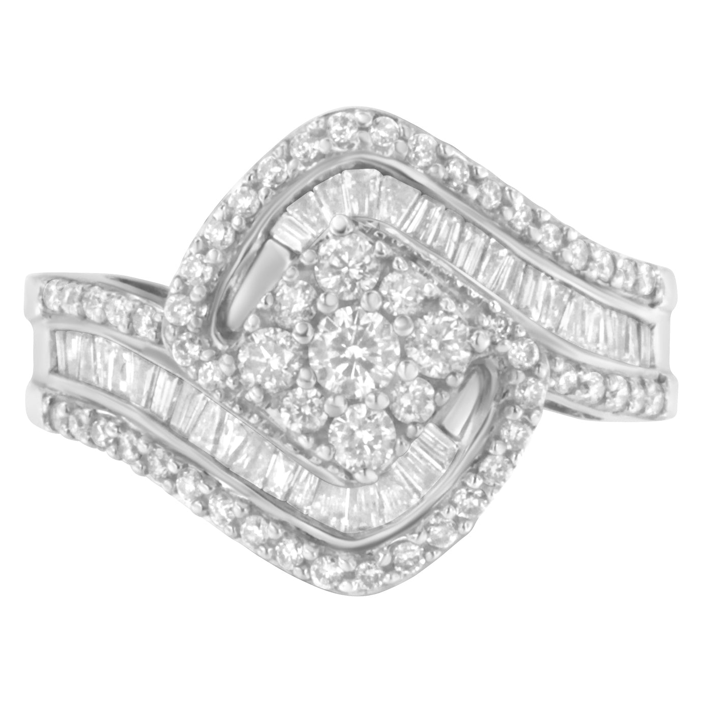 14K White Gold 1 Cttw Baguette and Round Diamond Floral Swirl Cluster Cocktail Ring by Bids.com
