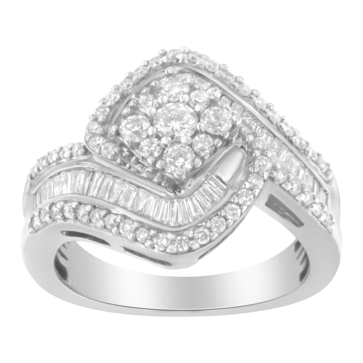 14K White Gold 1 Cttw Baguette and Round Diamond Floral Swirl Cluster Cocktail Ring by Bids.com
