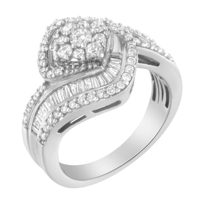 14K White Gold 1 Cttw Baguette and Round Diamond Floral Swirl Cluster Cocktail Ring by Bids.com