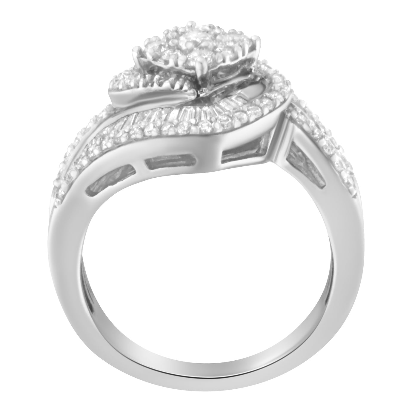 14K White Gold 1 Cttw Baguette and Round Diamond Floral Swirl Cluster Cocktail Ring by Bids.com
