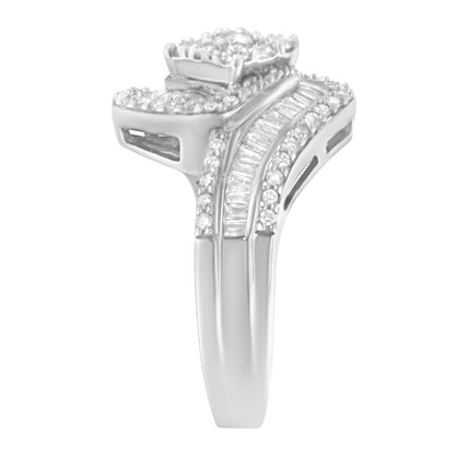 14K White Gold 1 Cttw Baguette and Round Diamond Floral Swirl Cluster Cocktail Ring by Bids.com