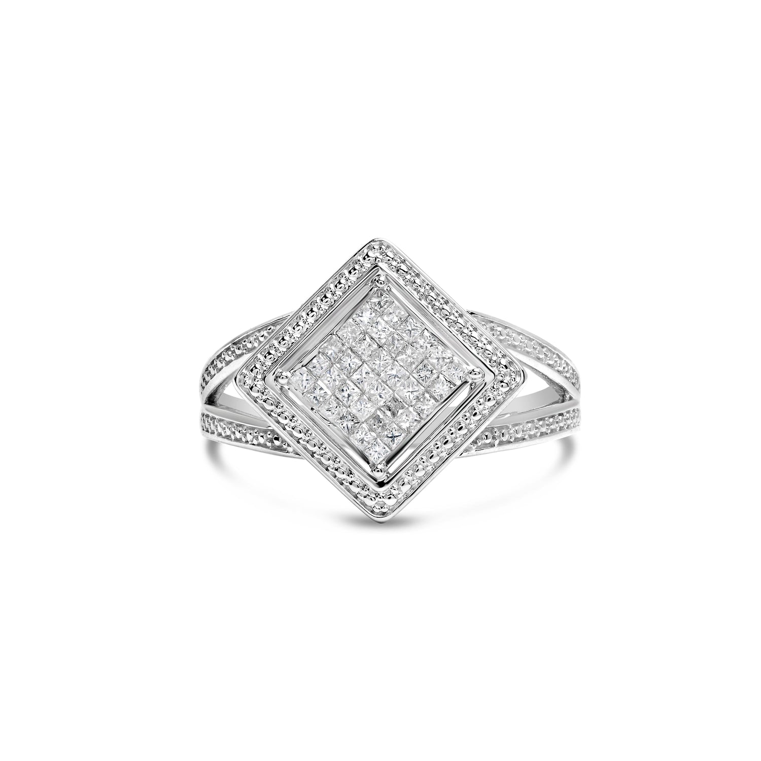 .925 Sterling Silver 1/3 Cttw Invisible Set Princess-Cut Diamond Rhombus and Beaded Halo Ring (H-I Color, SI1-SI2 Clarity) - Ring Size 7 by Bids.com