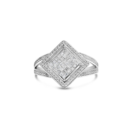 .925 Sterling Silver 1/3 Cttw Invisible Set Princess-Cut Diamond Rhombus and Beaded Halo Ring (H-I Color, SI1-SI2 Clarity) - Ring Size 7 by Bids.com