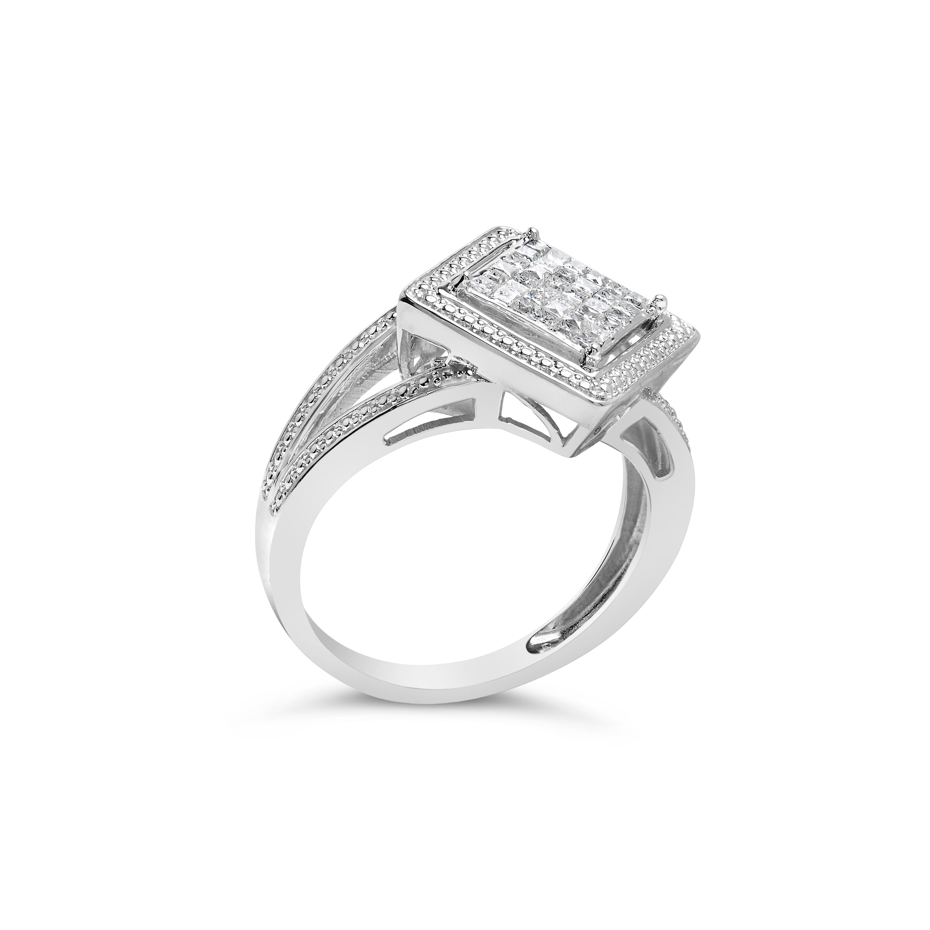 .925 Sterling Silver 1/3 Cttw Invisible Set Princess-Cut Diamond Rhombus and Beaded Halo Ring (H-I Color, SI1-SI2 Clarity) - Ring Size 7 by Bids.com