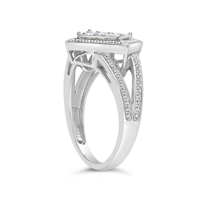 .925 Sterling Silver 1/3 Cttw Invisible Set Princess-Cut Diamond Rhombus and Beaded Halo Ring (H-I Color, SI1-SI2 Clarity) - Ring Size 7 by Bids.com