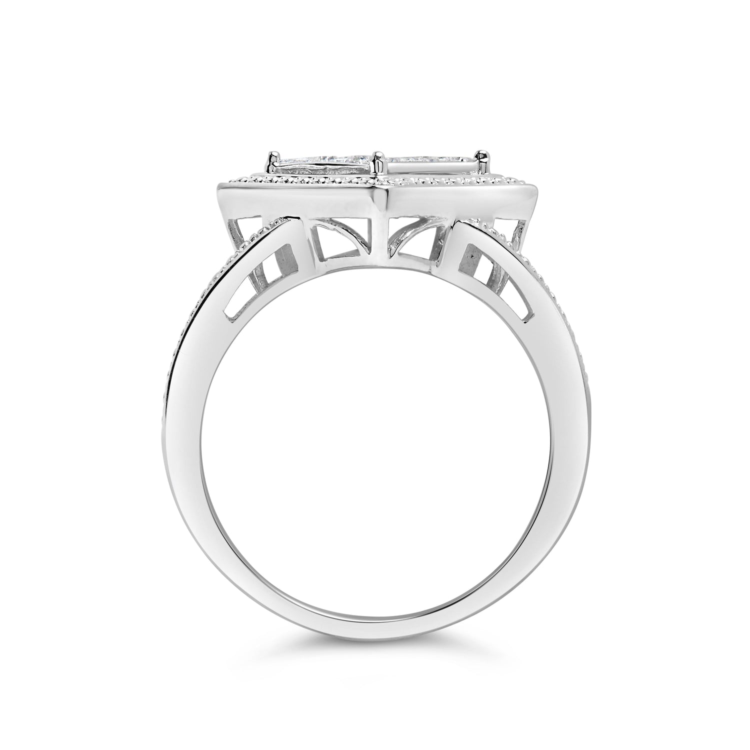 .925 Sterling Silver 1/3 Cttw Invisible Set Princess-Cut Diamond Rhombus and Beaded Halo Ring (H-I Color, SI1-SI2 Clarity) - Ring Size 7 by Bids.com