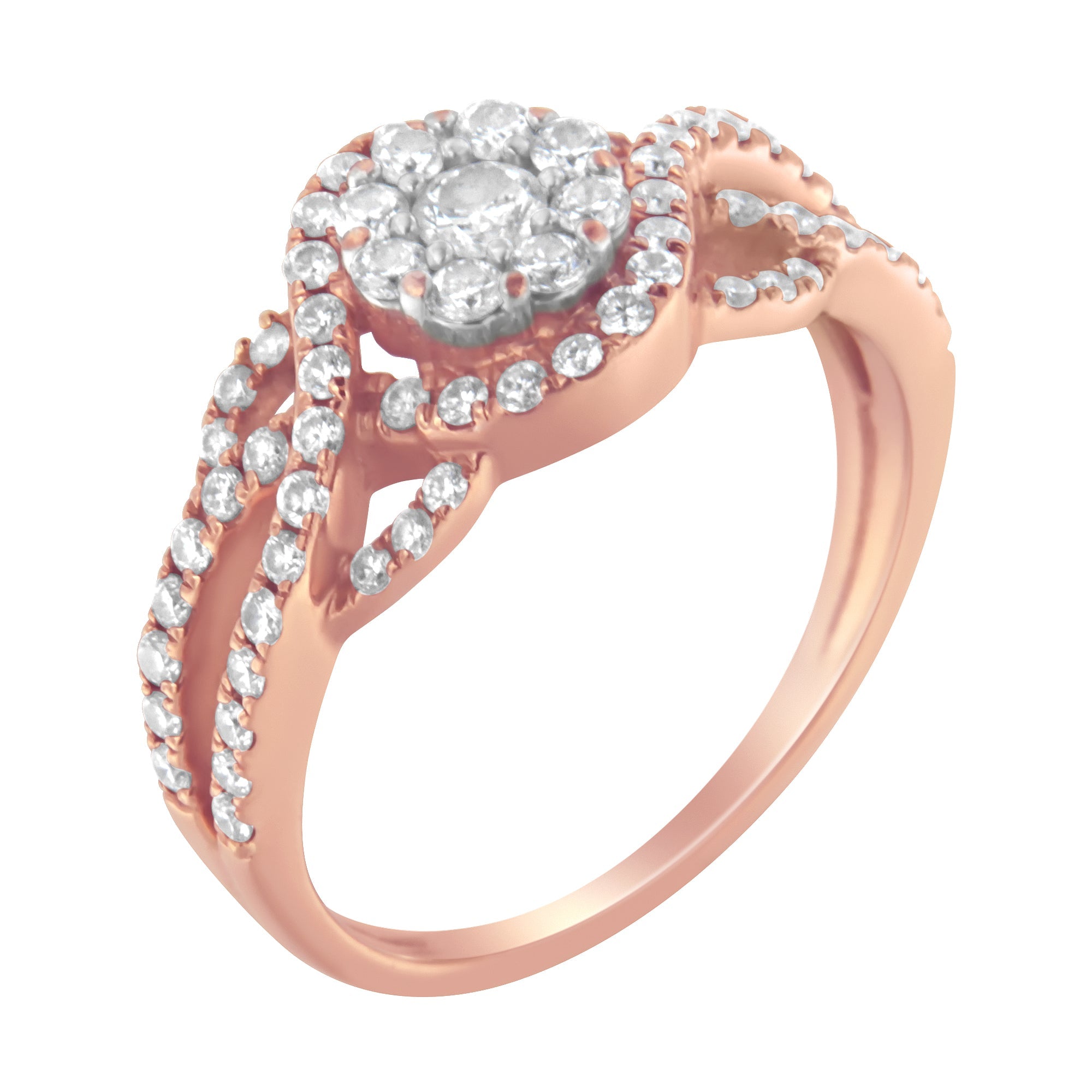 10K Rose Gold 3/4 Cttw Diamond Floral Cluster Head and Twisted Shank Cocktail  Ring (H-I Color, SI1-SI2 Clarity)- Size 7 