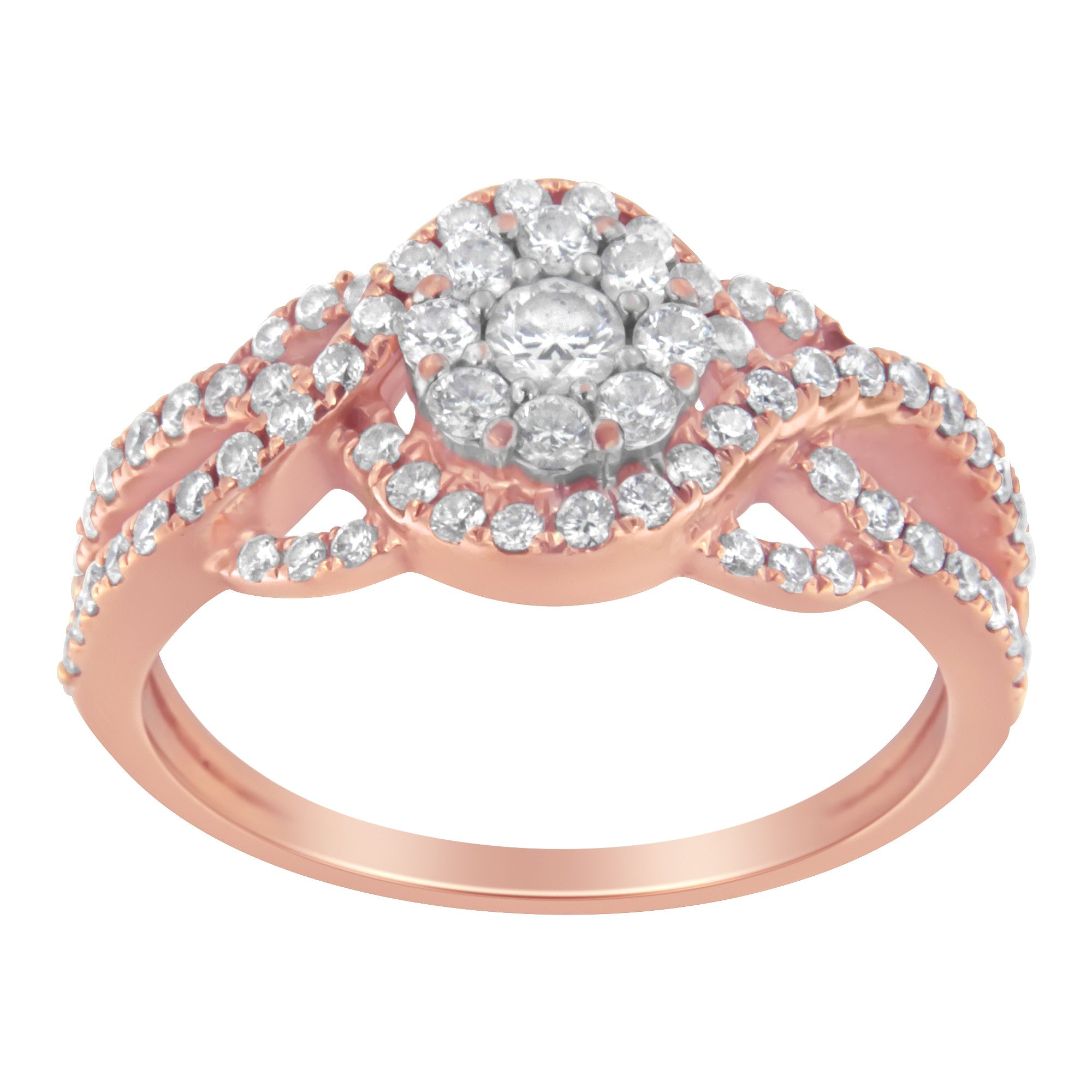 10K Rose Gold 3/4 Cttw Diamond Floral Cluster Head and Twisted Shank Cocktail  Ring (H-I Color, SI1-SI2 Clarity)- Size 7 