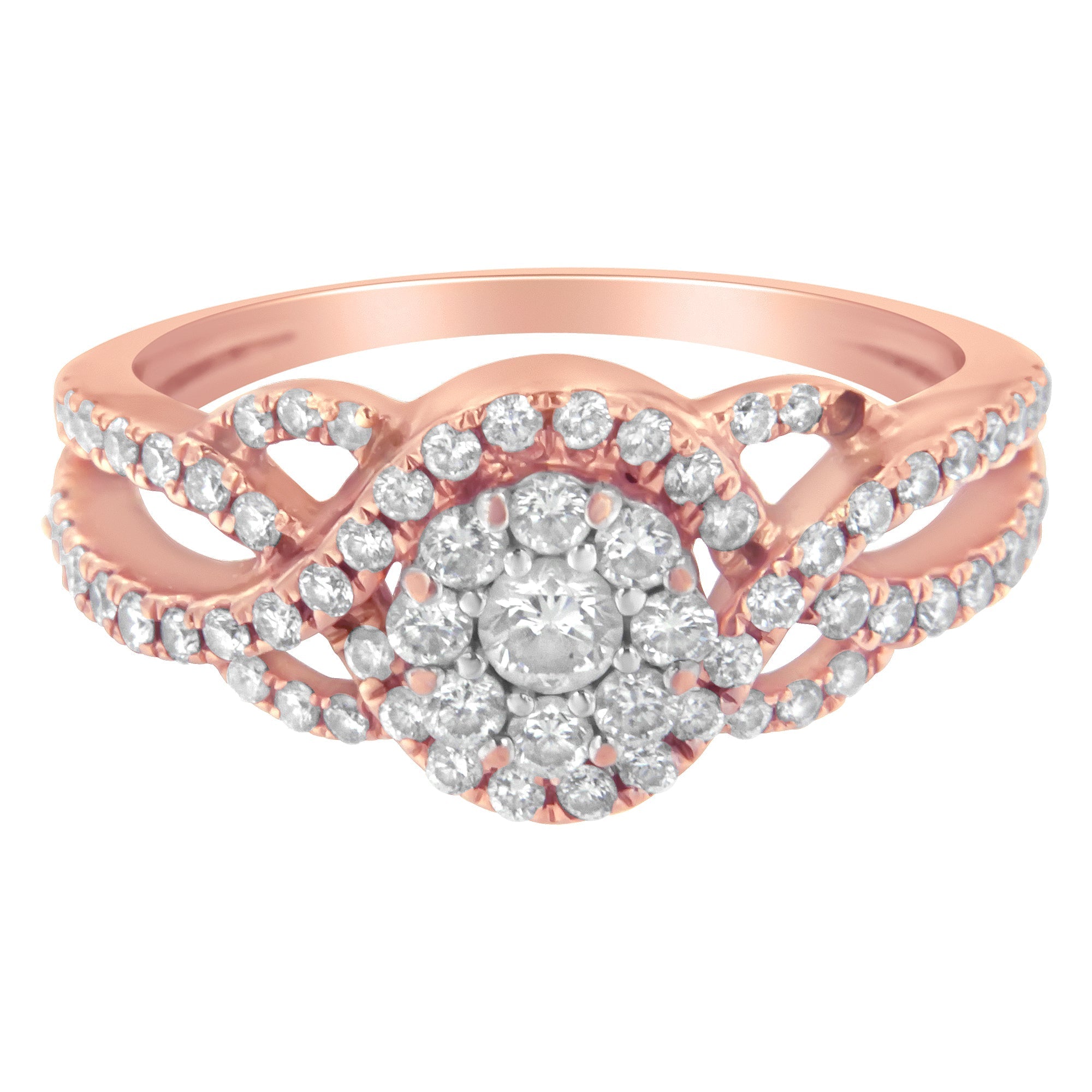 10K Rose Gold 3/4 Cttw Diamond Floral Cluster Head and Twisted Shank Cocktail  Ring (H-I Color, SI1-SI2 Clarity)- Size 7 