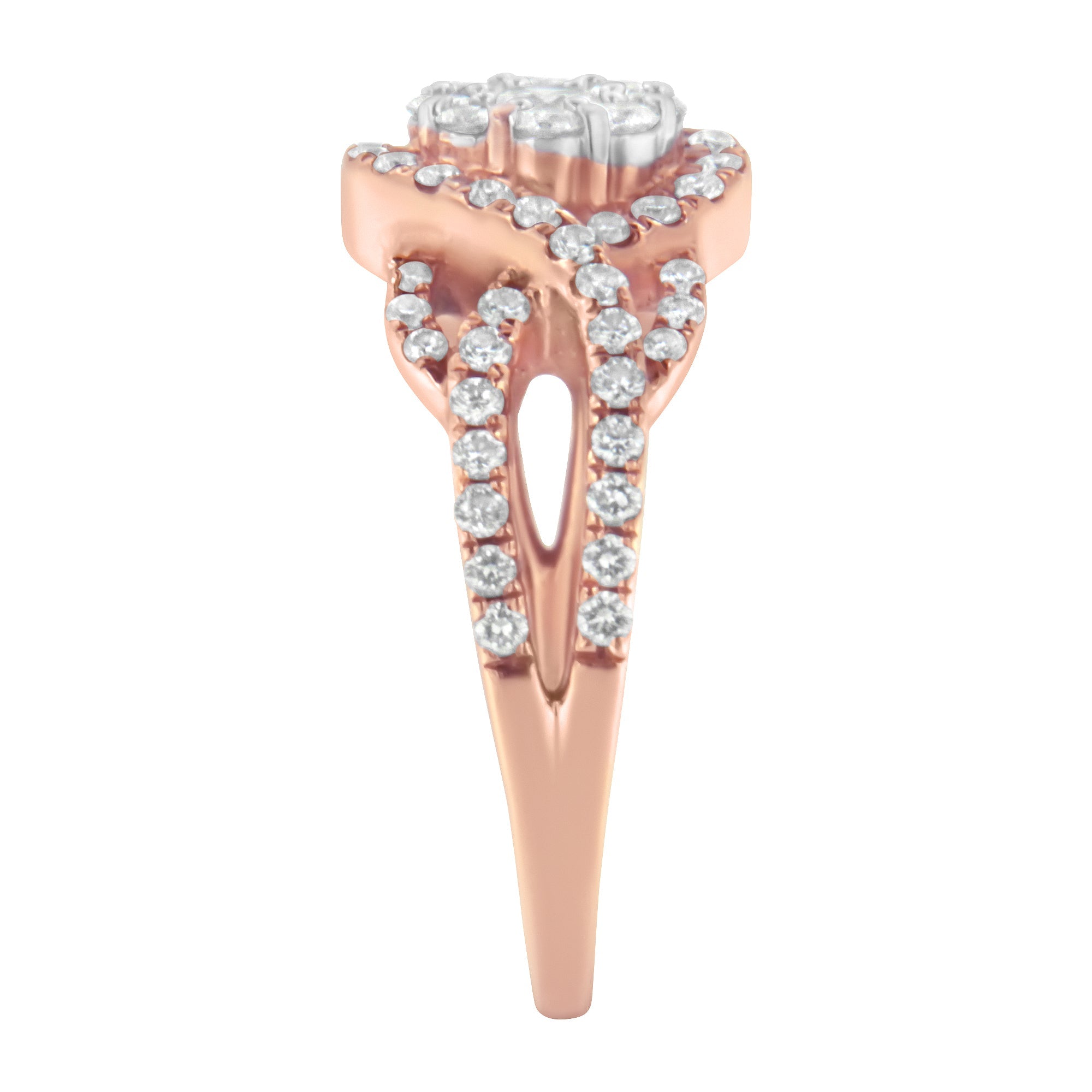 10K Rose Gold 3/4 Cttw Diamond Floral Cluster Head and Twisted Shank Cocktail  Ring (H-I Color, SI1-SI2 Clarity)- Size 7 