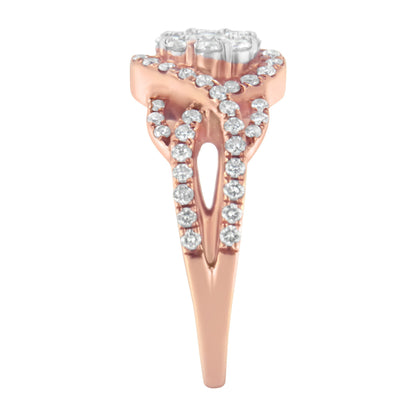 10K Rose Gold 3/4 Cttw Diamond Floral Cluster Head and Twisted Shank Cocktail  Ring (H-I Color, SI1-SI2 Clarity)- Size 7 