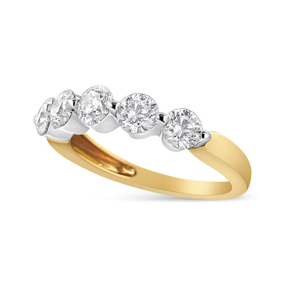 14K White and Yellow Gold 1 1/2 Cttw 2 Prong Cup Set Round-Cut Diamond 5 Stone Ring Band (H-I Color, SI2-I1 Clarity) - Ring Size 7 by Bids.com