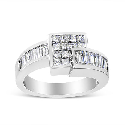 14K White Gold 1 1/2 Cttw Invisible-Set Princess and Channel-Set Baguette Diamond Geometric Bypass Ring Band (G-H Color, SI2-I1 Clarity) - Ring Size 7 by Bids.com