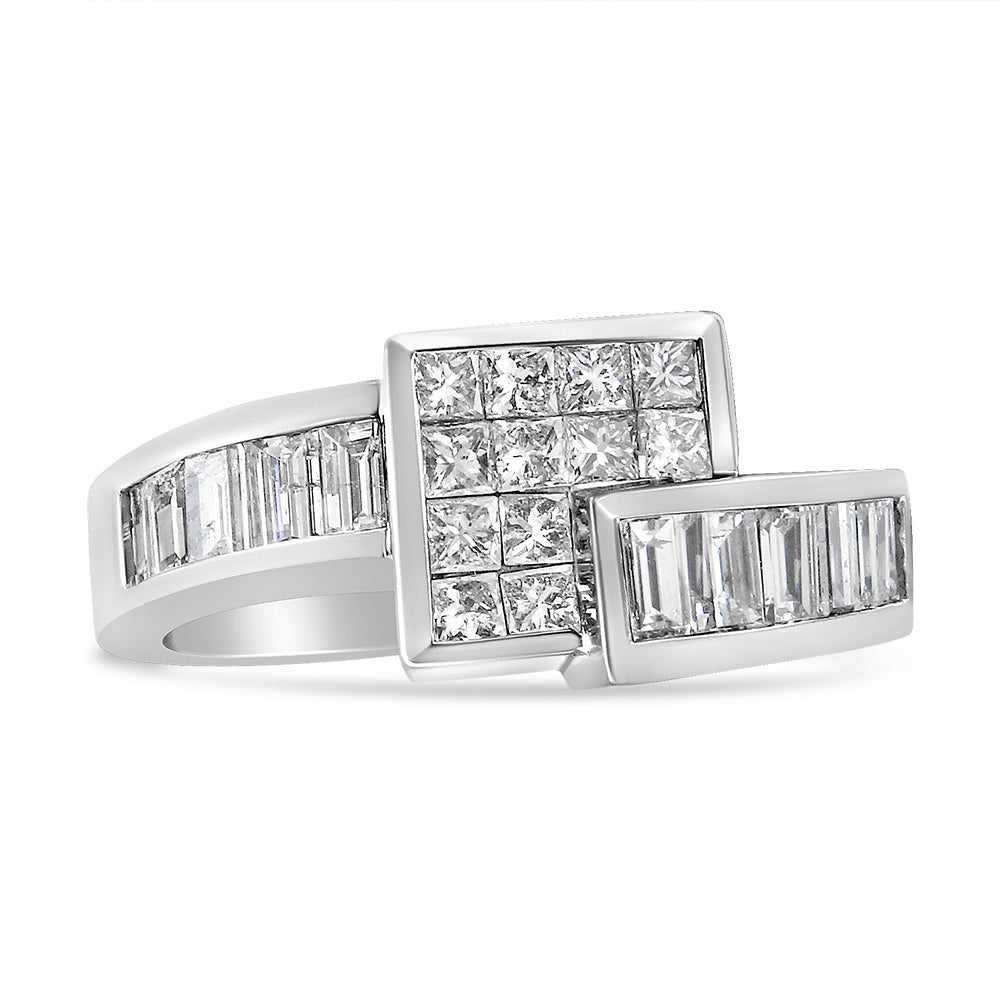 14K White Gold 1 1/2 Cttw Invisible-Set Princess and Channel-Set Baguette Diamond Geometric Bypass Ring Band (G-H Color, SI2-I1 Clarity) - Ring Size 7 by Bids.com