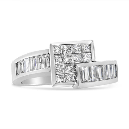 14K White Gold 1 1/2 Cttw Invisible-Set Princess and Channel-Set Baguette Diamond Geometric Bypass Ring Band (G-H Color, SI2-I1 Clarity) - Ring Size 7 by Bids.com