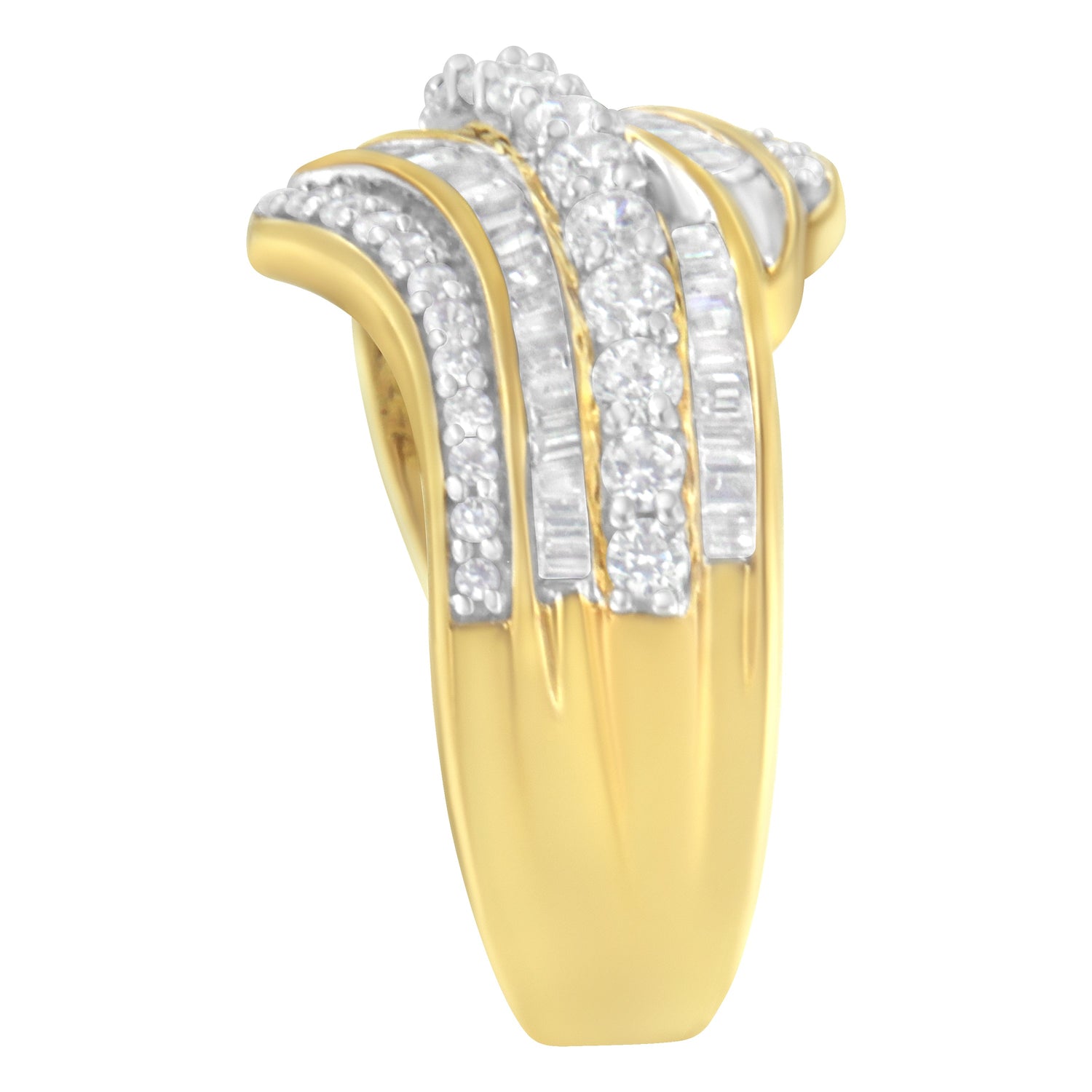 10K Yellow Gold 1.0 Cttw Baguette and Round Diamond Multi-Row Wave Bypass Ring (I-J Color, I1-I2 Clarity) - Ring Size 7 by Bids.com