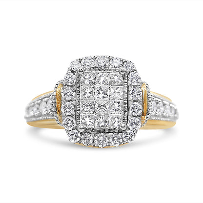 14K Yellow and White Gold 1.00 Cttw Princess and Round Cut Emerald Shaped Halo Diamond Cluster Ring (SI1-SI2 Clarity, H-I Color) - Size 7 by Bids.com