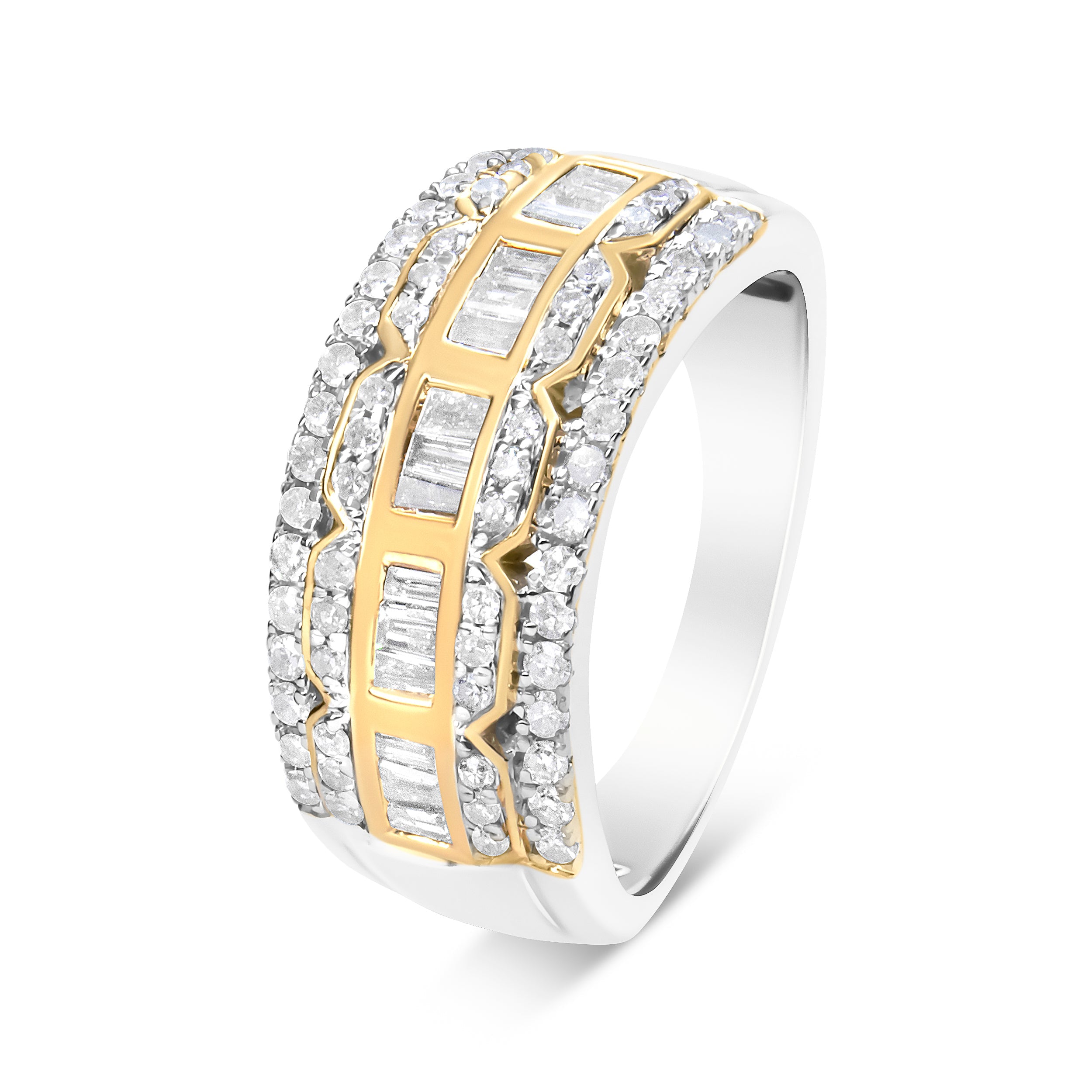 10K White and Yellow Gold 1.00 Cttw Baguette and Round cut Diamond Art Deco Multi-Row Ring Band (I-J Color, I1-I2 Clarity) - Ring Size 7 by Bids.com