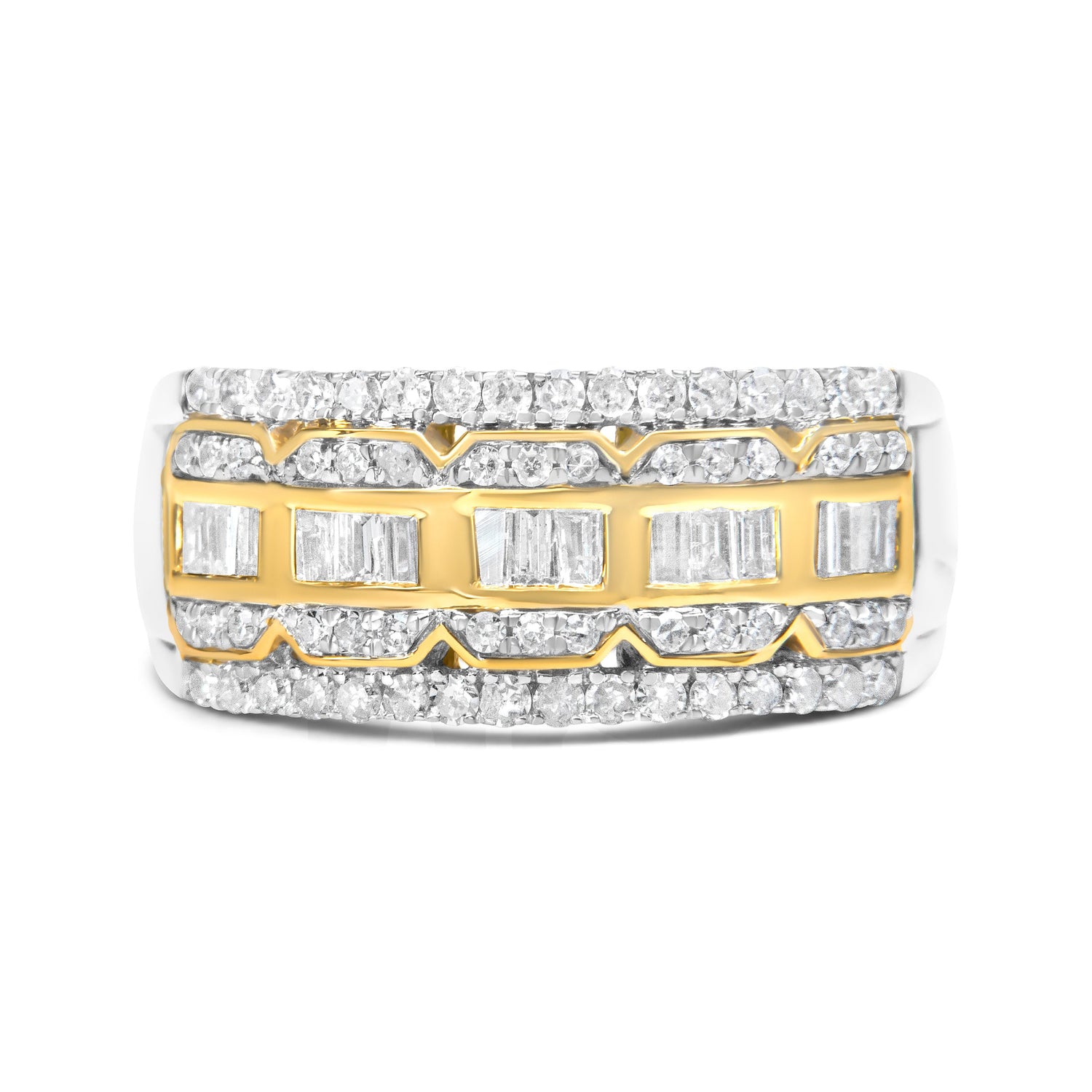 10K White and Yellow Gold 1.00 Cttw Baguette and Round cut Diamond Art Deco Multi-Row Ring Band (I-J Color, I1-I2 Clarity) - Ring Size 7 by Bids.com