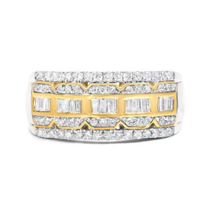 10K White and Yellow Gold 1.00 Cttw Baguette and Round cut Diamond Art Deco Multi-Row Ring Band (I-J Color, I1-I2 Clarity) - Ring Size 7 by Bids.com