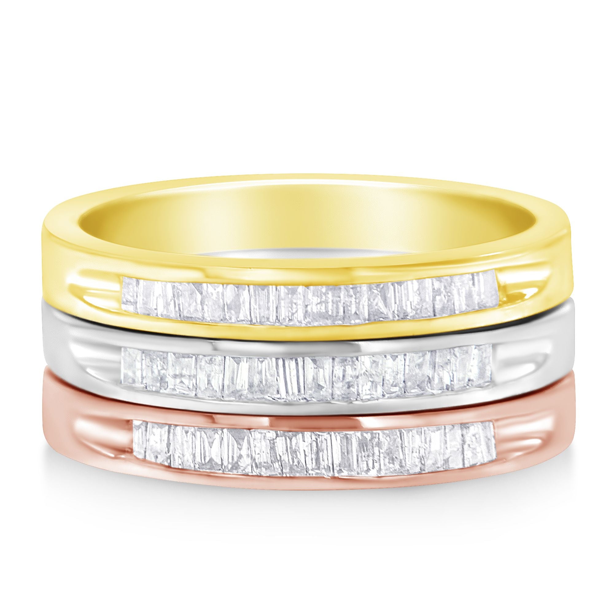 10K Yellow, White and Rose Gold over .925 Sterling Silver 5/8 Cttw Diamond Channel-Set Stackable Band Ring Set (H-I Color, I1-I2 Clarity) - Size 6 3/4 by Bids.com