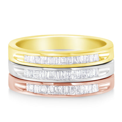 10K Yellow, White and Rose Gold over .925 Sterling Silver 5/8 Cttw Diamond Channel-Set Stackable Band Ring Set (H-I Color, I1-I2 Clarity) - Size 6 3/4 by Bids.com