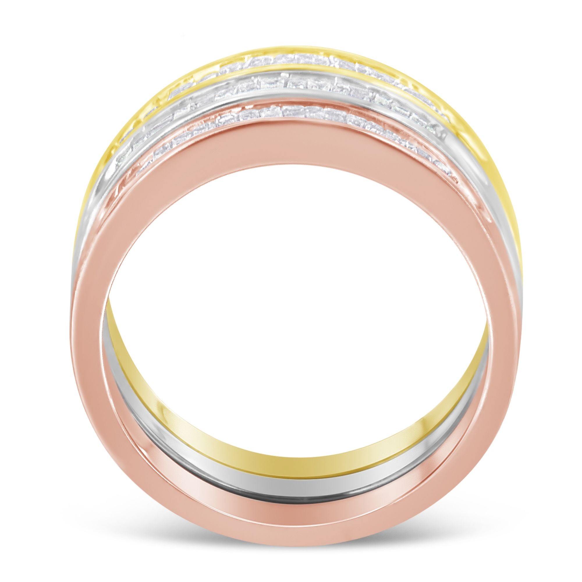 10K Yellow, White and Rose Gold over .925 Sterling Silver 5/8 Cttw Diamond Channel-Set Stackable Band Ring Set (H-I Color, I1-I2 Clarity) - Size 6 3/4 by Bids.com