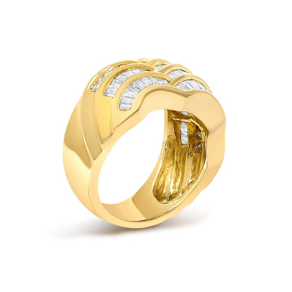 14K Yellow Gold 1-1/3 Cttw Baguette Diamond Wave Design Band Ring  DestGlow