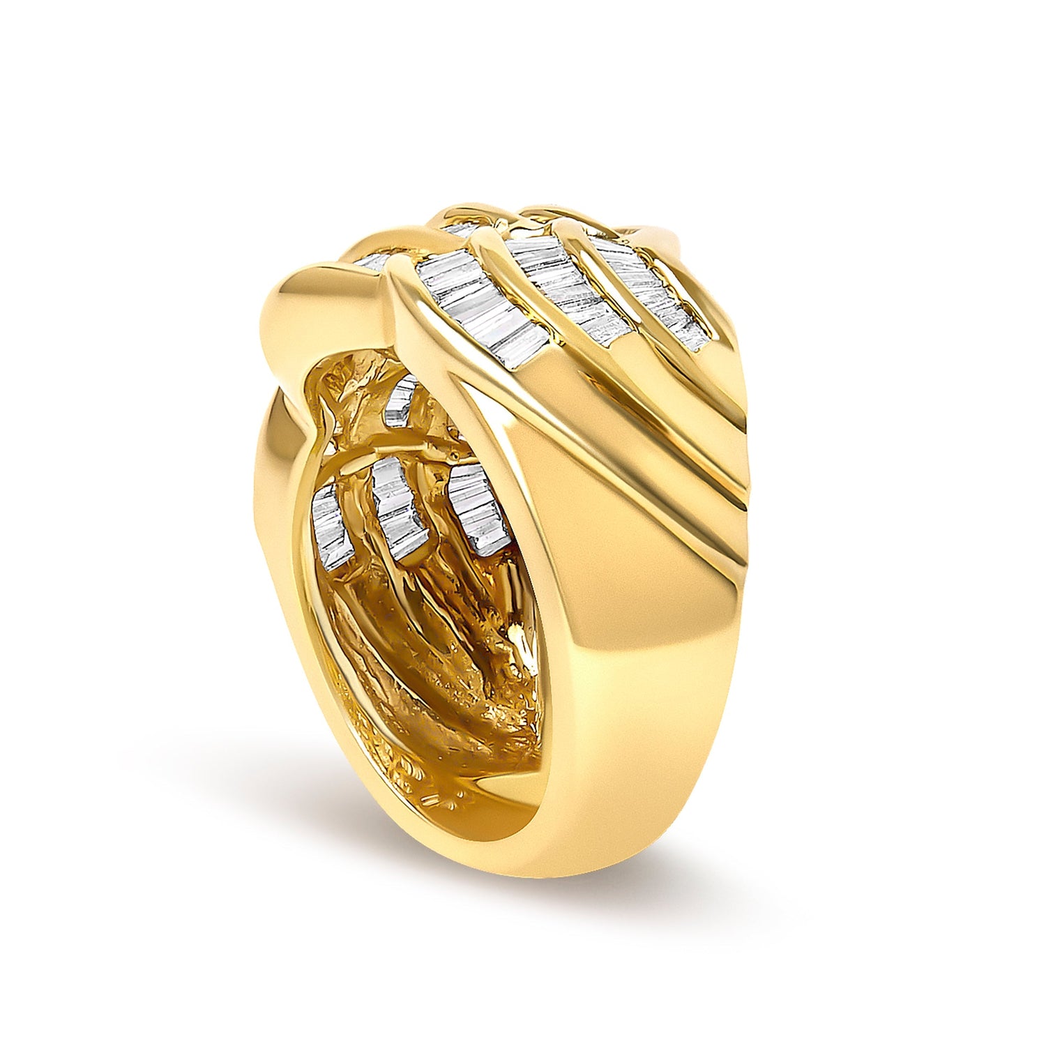 14K Yellow Gold 1-1/3 Cttw Baguette Diamond Wave Design Band Ring  DestGlow