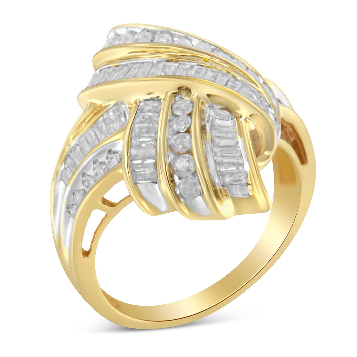 10K Yellow Gold Plated .925 Sterling Silver 1.0 Cttw Round &amp; Baguette Diamond Knot Channel Statement Ring (I-J Color, I2-I3 Clarity) - Size 6 by Bids.com