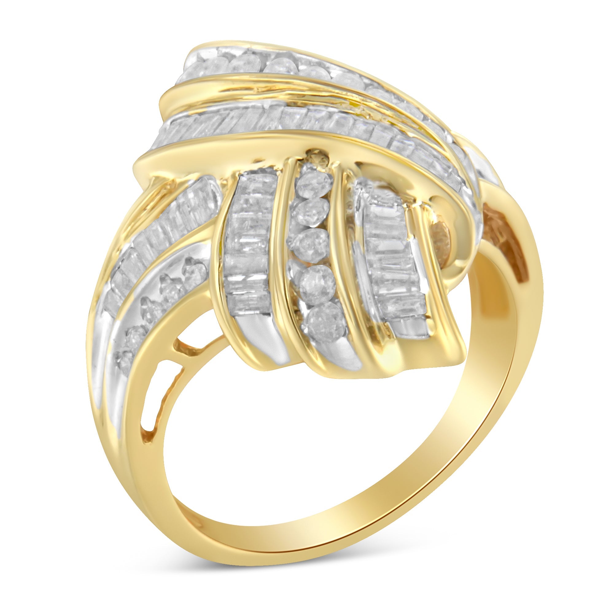 10K Yellow Gold Plated .925 Sterling Silver 1.0 Cttw Round &amp; Baguette Diamond Knot Channel Statement Ring (I-J Color, I2-I3 Clarity) - Size 6 by Bids.com