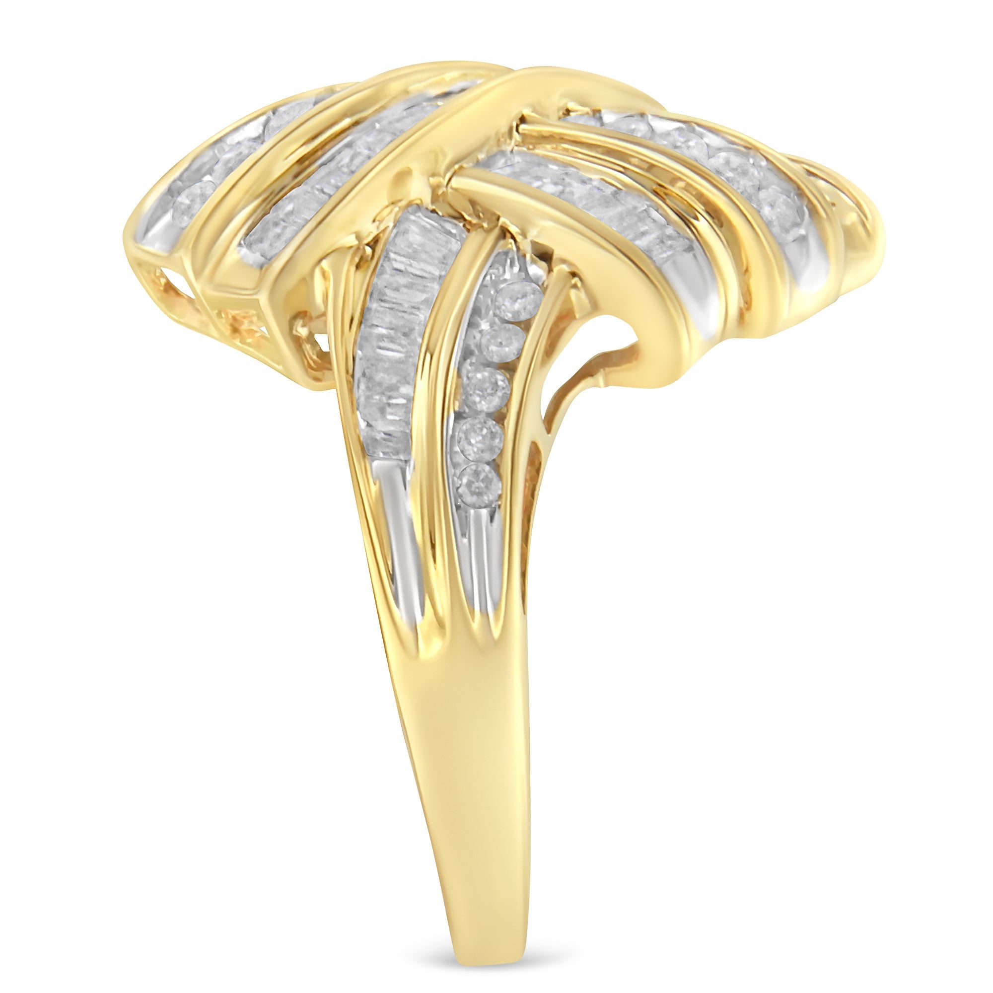 10K Yellow Gold Plated .925 Sterling Silver 1.0 Cttw Round &amp; Baguette Diamond Knot Channel Statement Ring (I-J Color, I2-I3 Clarity) - Size 6 by Bids.com