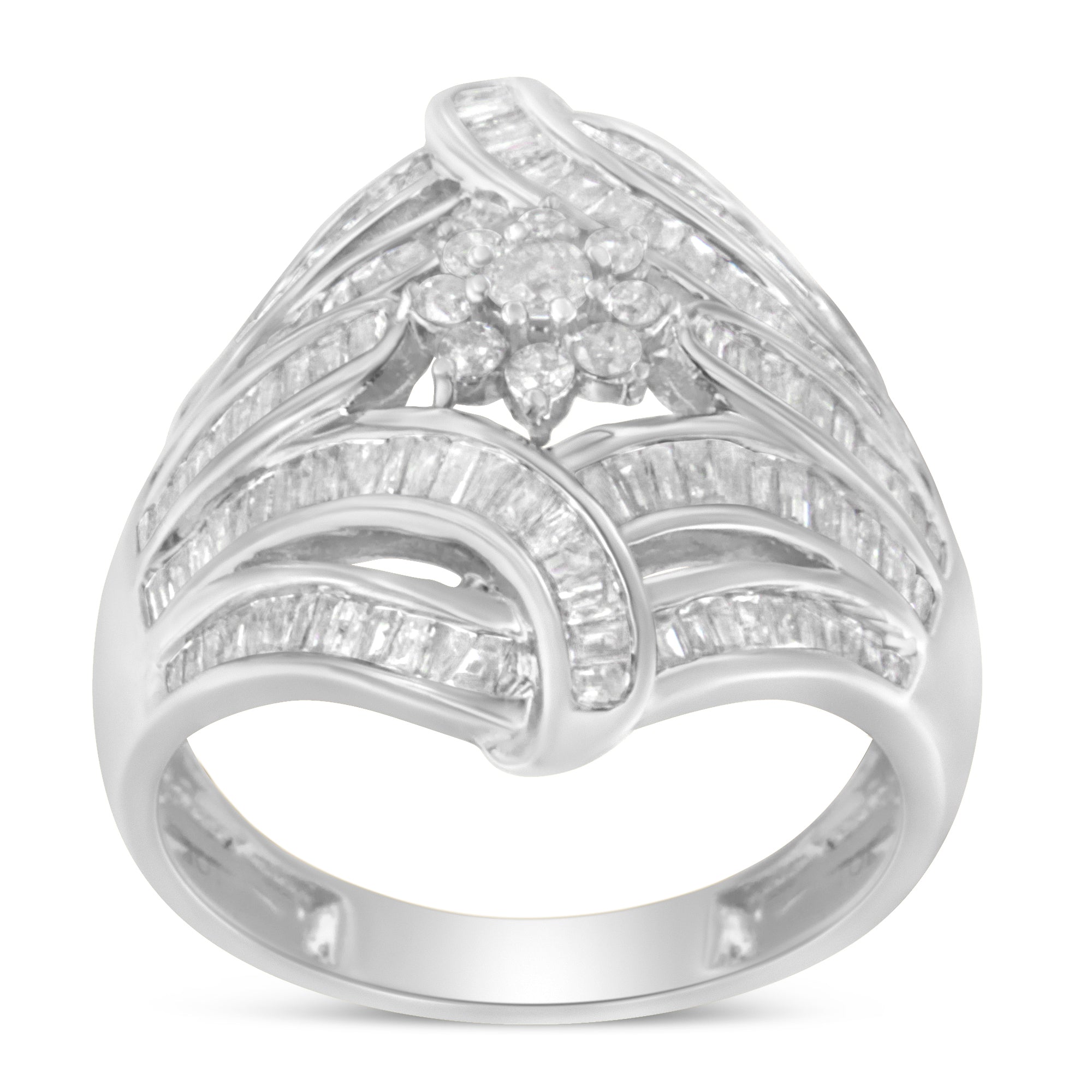 .925 Sterling Silver 1-1/8 Cttw Round &amp; Baguette Diamond &