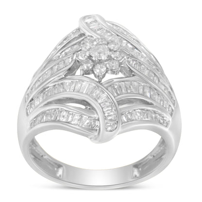 .925 Sterling Silver 1-1/8 Cttw Round &amp; Baguette Diamond &