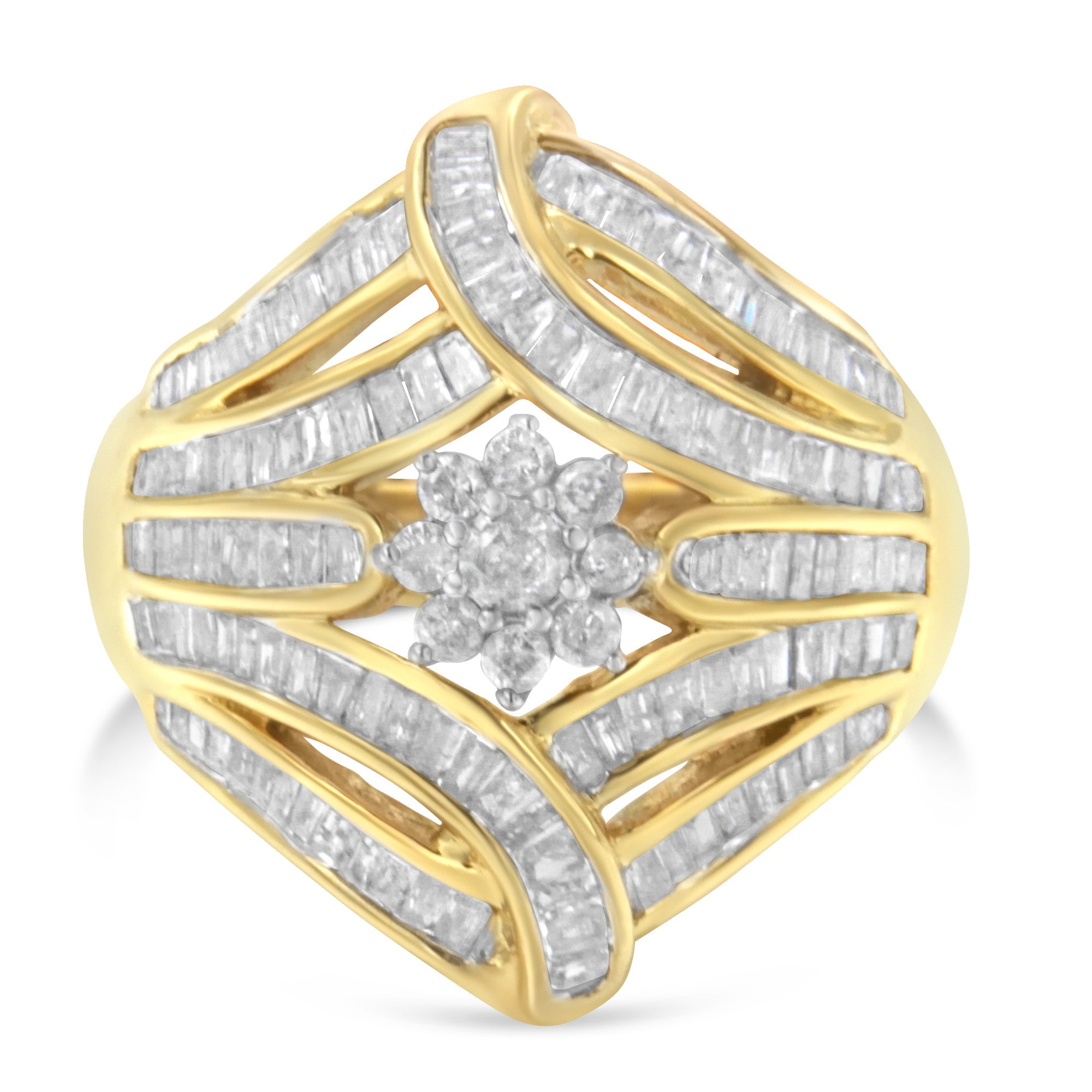 10K Yellow Gold Flashed .925 Sterling Silver 1-1/8 Cttw Round &amp; Baguette Diamond &