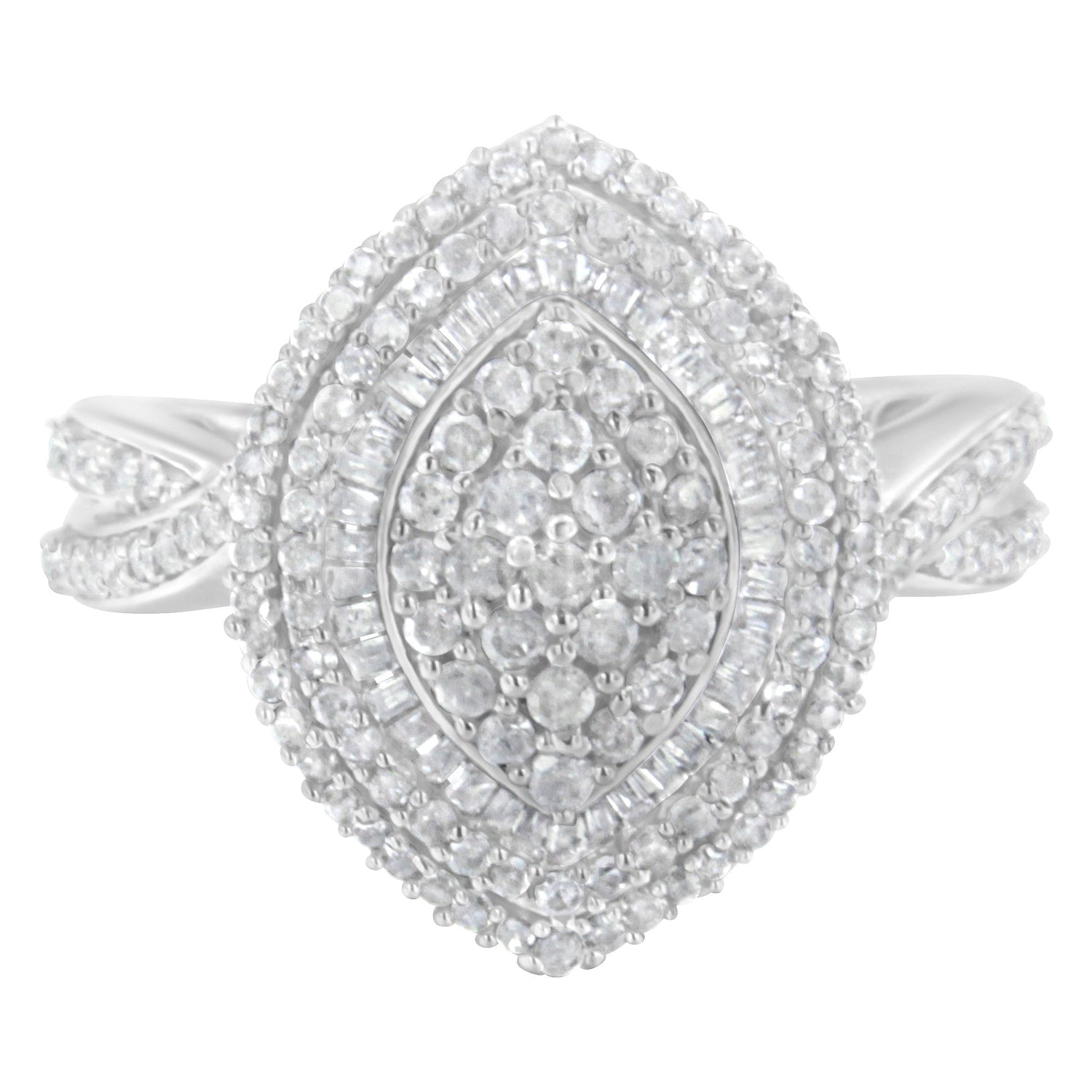 .925 Sterling Silver 1.0 Cttw Round &amp; Baguette-Cut Diamond Marquise-Shaped Cluster Triple Stepped Halo Cocktail Fashion Ring (I-J Color, I2-I3 Clarity) - Size 7 by Bids.com