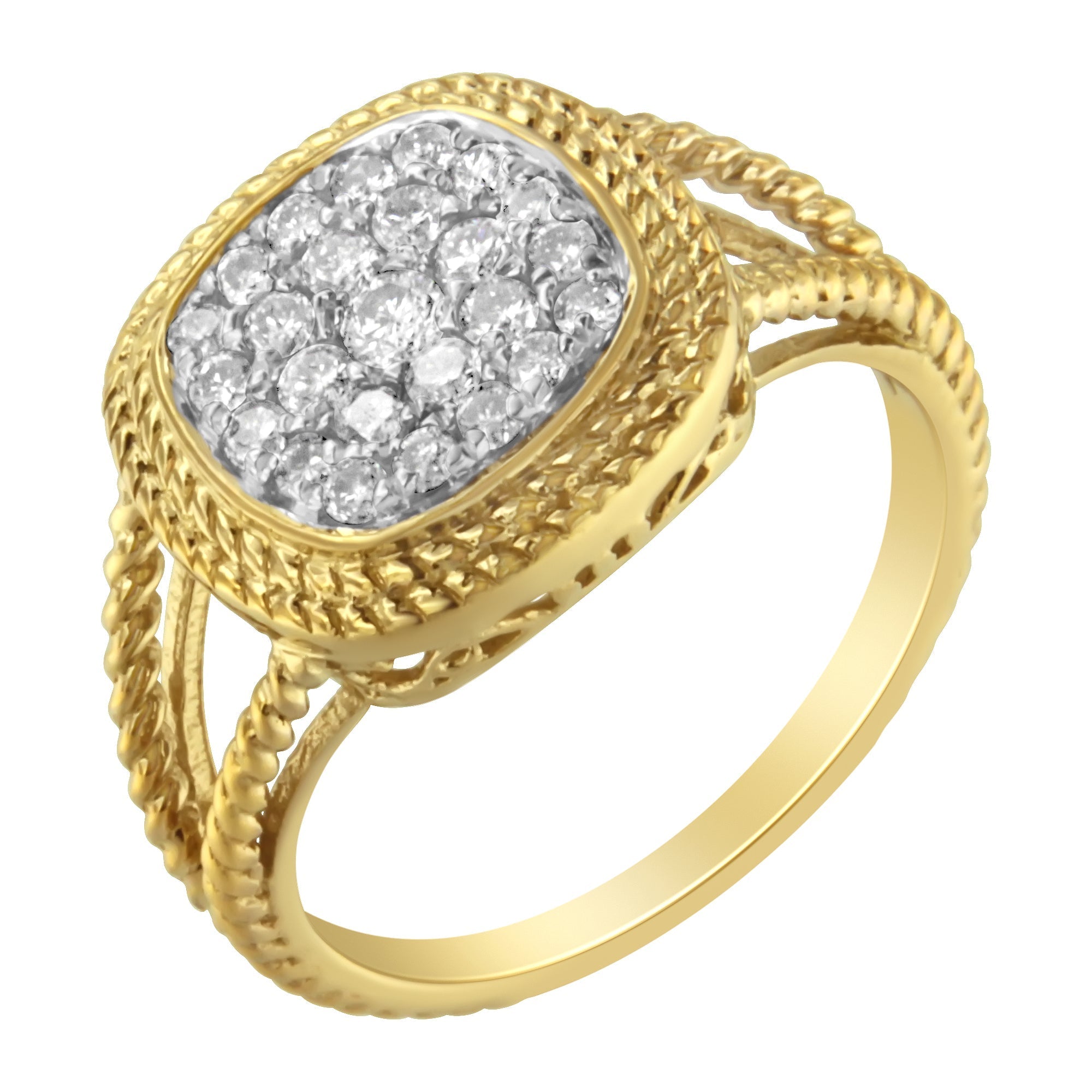 10K Yellow Gold Plated .925 Sterling Silver 1/2 Cttw Diamond Square Cushion Cluster Split Shank Cocktail Ring (J-K Color, I2-I3 Clarity) - Size 7  DestGlow