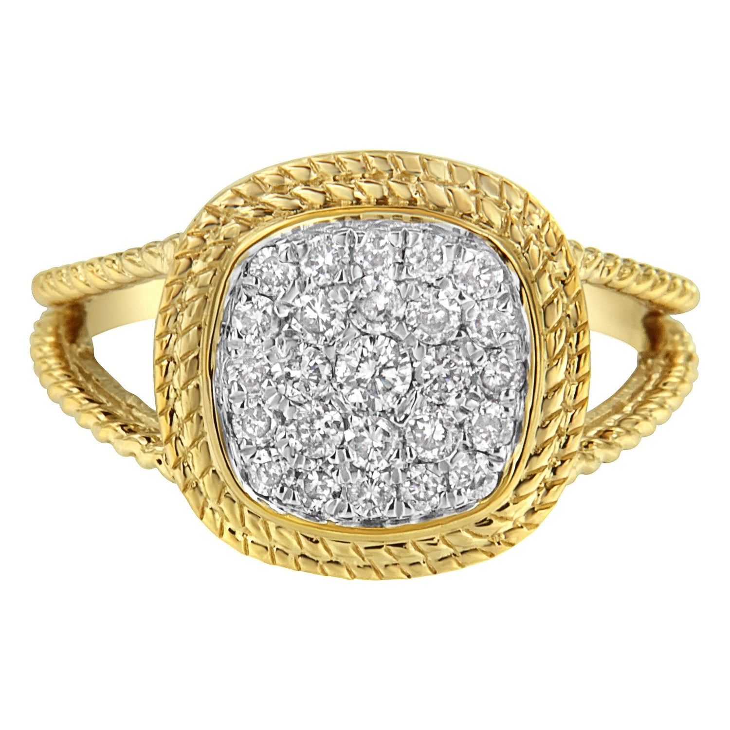 10K Yellow Gold Plated .925 Sterling Silver 1/2 Cttw Diamond Square Cushion Cluster Split Shank Cocktail Ring (J-K Color, I2-I3 Clarity) - Size 7  DestGlow
