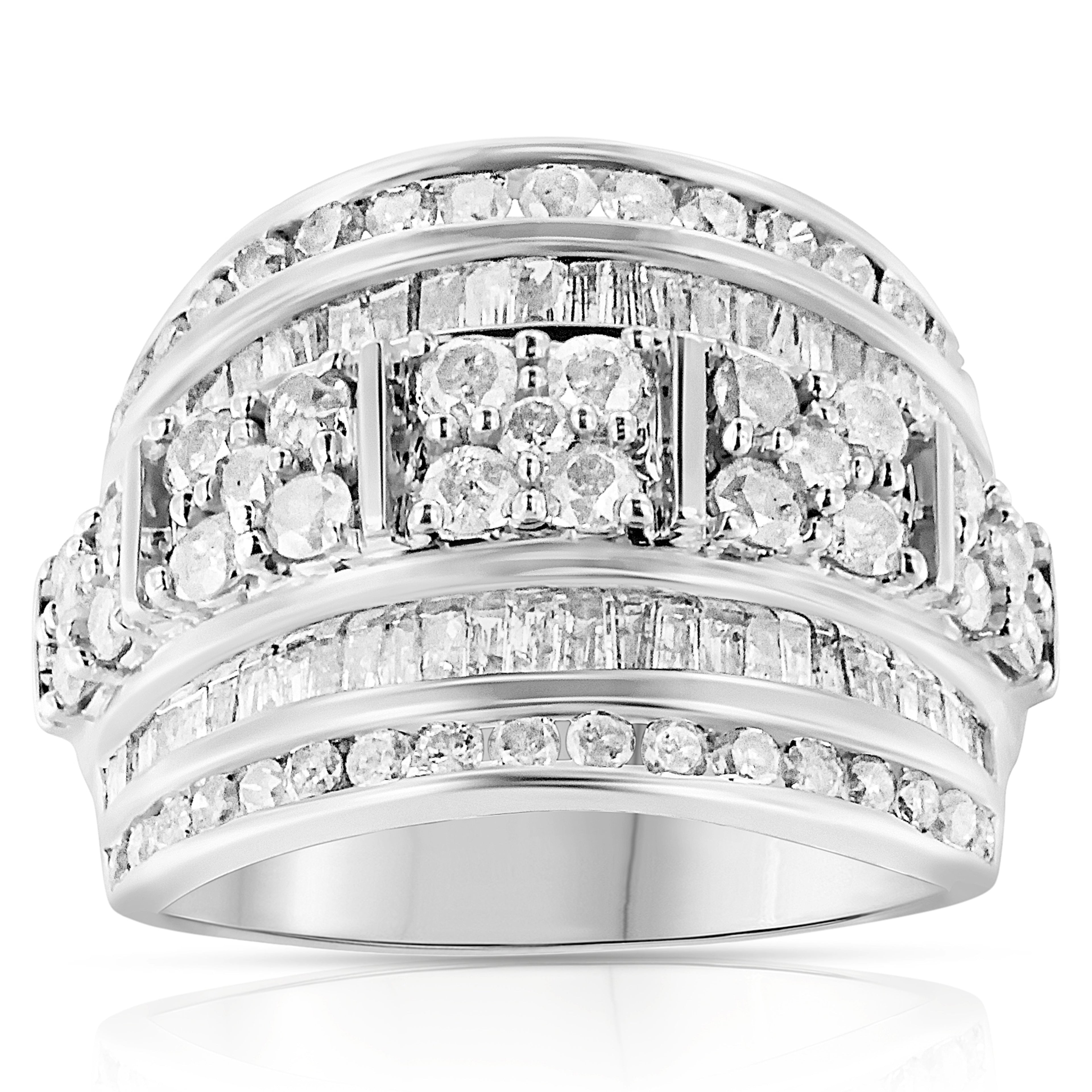 .925 Sterling Silver 2.0 Cttw Round &amp; Baguette Cut Diamond Multi-Row Channel Set Tapered Cocktail Fashion Ring (I-J Color, I3 Clarity) - Size 7 by Bids.com