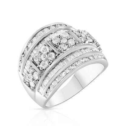 .925 Sterling Silver 2.0 Cttw Round &amp; Baguette Cut Diamond Multi-Row Channel Set Tapered Cocktail Fashion Ring (I-J Color, I3 Clarity) - Size 7 by Bids.com